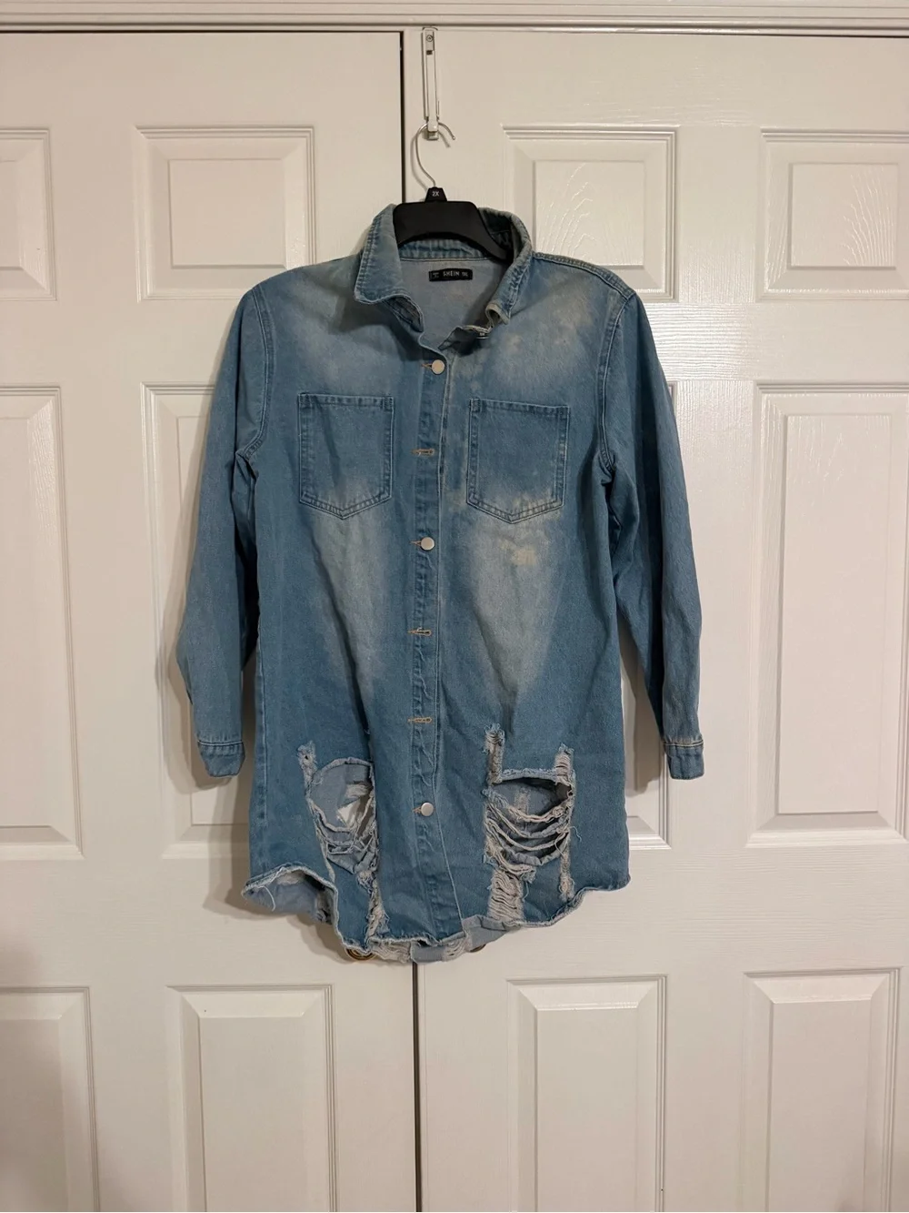 Denim Button-Front Girls' Long Shirt Jacket - Light Blue